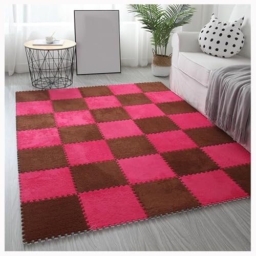 30 Stück rutschfeste, Waschbare Puzzle-Spielmatte for Den Boden, Ineinander Greifende Teppichfliesen, Flauschige Plüschschaummatten(Rose Red+Dark Brown) von NMVAWIPT