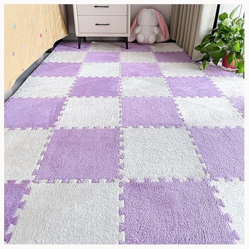 30 X 30 X 1 cm, Quadratisch – 100 Stück, Flauschige Puzzlematten for Den Boden, Plüschschaummatte, Ineinander Greifende Teppichfliesen(White+Light Purple) von NMVAWIPT