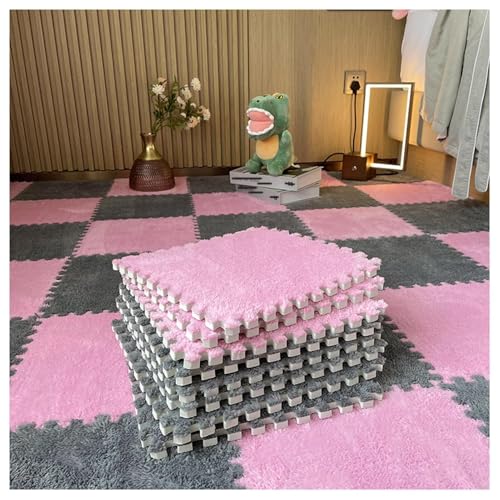 30 X 30 cm Große Quadrate, Ineinander Greifende Bodenfliesen Aus Plüschschaum, 16 Flauschige Puzzle-Teppiche for Das Wohnzimmer, Selbst Zuschneidbare Kletter-Spielmatte(Pink+Gray) von NMVAWIPT