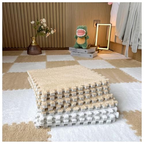 30 X 30 cm Große Quadrate, Ineinander Greifende Bodenfliesen Aus Plüschschaum, 16 Flauschige Puzzle-Teppiche for Das Wohnzimmer, Selbst Zuschneidbare Kletter-Spielmatte(White+Apricot) von NMVAWIPT