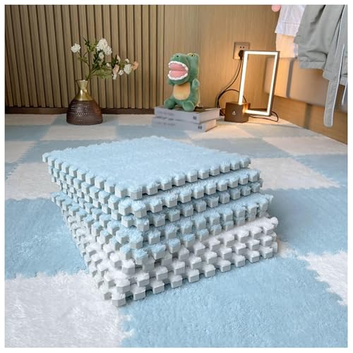 30 X 30 cm Große Quadrate, Ineinander Greifende Bodenfliesen Aus Plüschschaum, 16 Flauschige Puzzle-Teppiche for Das Wohnzimmer, Selbst Zuschneidbare Kletter-Spielmatte(White+Blue) von NMVAWIPT
