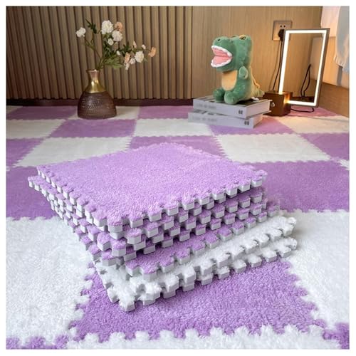 30 X 30 cm Große Quadrate, Ineinander Greifende Bodenfliesen Aus Plüschschaum, 16 Flauschige Puzzle-Teppiche for Das Wohnzimmer, Selbst Zuschneidbare Kletter-Spielmatte(White+Purple) von NMVAWIPT