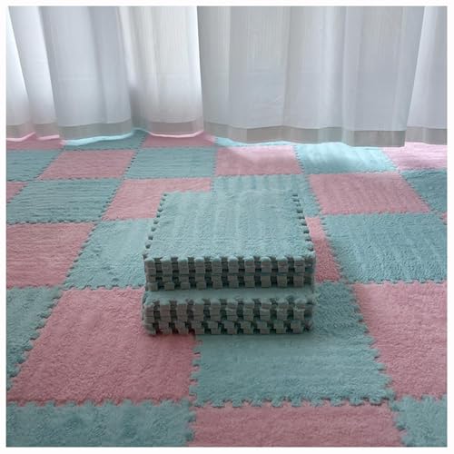 30 X 30 cm Quadratische Flauschige Schaumstofffliesen, Plüschteppich-Puzzlematten for Den Boden, Ineinander Greifende Schaumstoff-Bodenmatte(Pink+Light Blue,12pcs) von NMVAWIPT