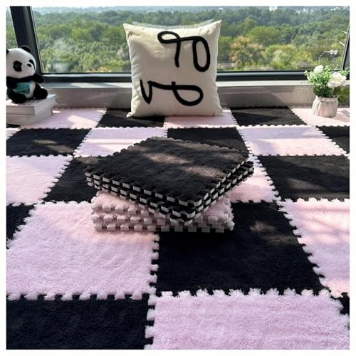 30 cm Quadratische Puzzle-Spielmatte Aus Eva, 64 Ineinander Greifende Bodenfliesen, Teppichmatten Aus Schaumstoffplüsch, Leicht Zu Reinigende Schaumstoffmatten.(Pink+Black) von NMVAWIPT