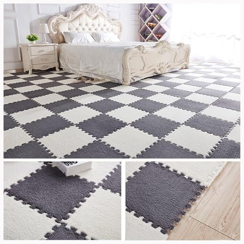 30-teiliger Quadratischer Puzzle-Teppich, 20 X 20 Zoll Ineinander Greifende Schaumstoff-Teppichfliesen Mit Rand, Plüsch-Puzzle-Bodenmatte(Gray+White) von NMVAWIPT