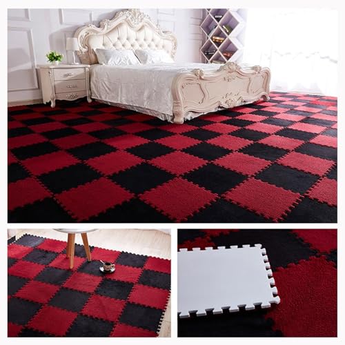 30-teiliger Quadratischer Puzzle-Teppich, 20 X 20 Zoll Ineinander Greifende Schaumstoff-Teppichfliesen Mit Rand, Plüsch-Puzzle-Bodenmatte(Red+Black) von NMVAWIPT