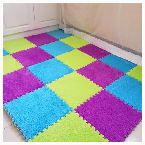 30-teiliges Fliesen-Bodenset Aus Plüsch-Puzzleschaumstoff, Quadratischer Ineinandergreifender Schaumstoffteppich, Rutschfester Teppich for Wohnzimmer Und Schlafzimmer(Blue+Green+Purple) von NMVAWIPT