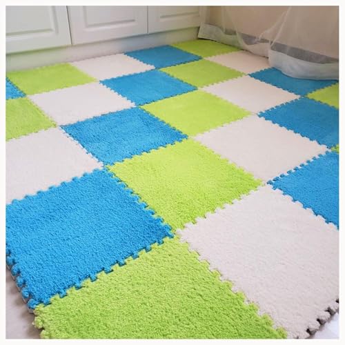 30-teiliges Fliesen-Bodenset Aus Plüsch-Puzzleschaumstoff, Quadratischer Ineinandergreifender Schaumstoffteppich, Rutschfester Teppich for Wohnzimmer Und Schlafzimmer(Blue+Green+White) von NMVAWIPT
