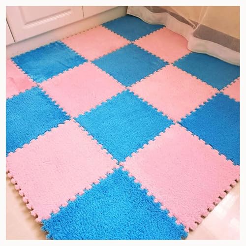 30-teiliges Fliesen-Bodenset Aus Plüsch-Puzzleschaumstoff, Quadratischer Ineinandergreifender Schaumstoffteppich, Rutschfester Teppich for Wohnzimmer Und Schlafzimmer(Blue+Pink) von NMVAWIPT