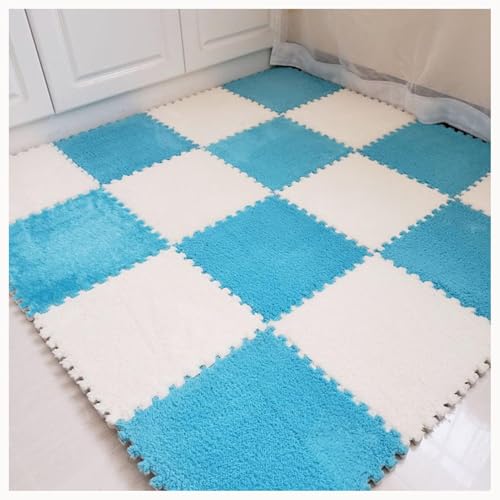 30-teiliges Fliesen-Bodenset Aus Plüsch-Puzzleschaumstoff, Quadratischer Ineinandergreifender Schaumstoffteppich, Rutschfester Teppich for Wohnzimmer Und Schlafzimmer(Blue+White) von NMVAWIPT