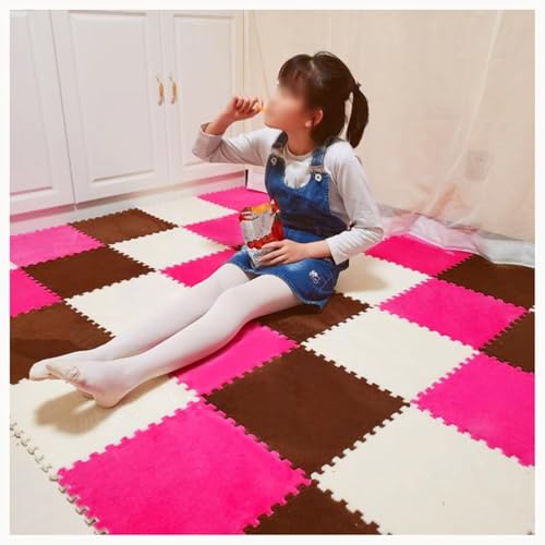 30-teiliges Fliesen-Bodenset Aus Plüsch-Puzzleschaumstoff, Quadratischer Ineinandergreifender Schaumstoffteppich, Rutschfester Teppich for Wohnzimmer Und Schlafzimmer(Dark Brown+Rose Red+White) von NMVAWIPT