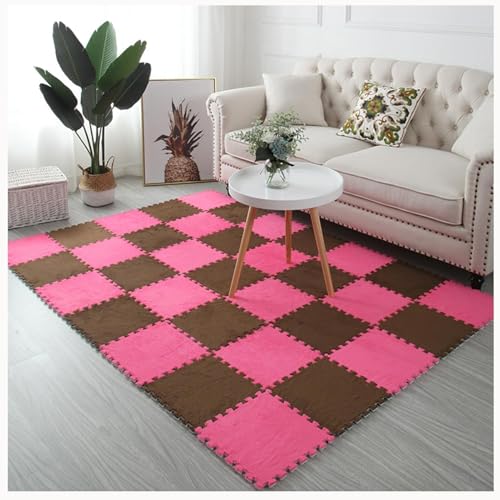 30-teiliges Plüsch-Puzzle, rutschfeste Schaumstoff-Bodenmatte, 12 X 12 Zoll Dick, 0,4 Zoll Zottelige Ineinander Greifende Teppichfliesen Mit Rand(Coffee+Rose Red) von NMVAWIPT