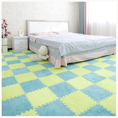 30-teiliges Plüsch-Puzzle, rutschfeste Schaumstoff-Bodenmatte, 12 X 12 Zoll Dick, 0,4 Zoll Zottelige Ineinander Greifende Teppichfliesen Mit Rand(Fruit Green+Lake Blue) von NMVAWIPT