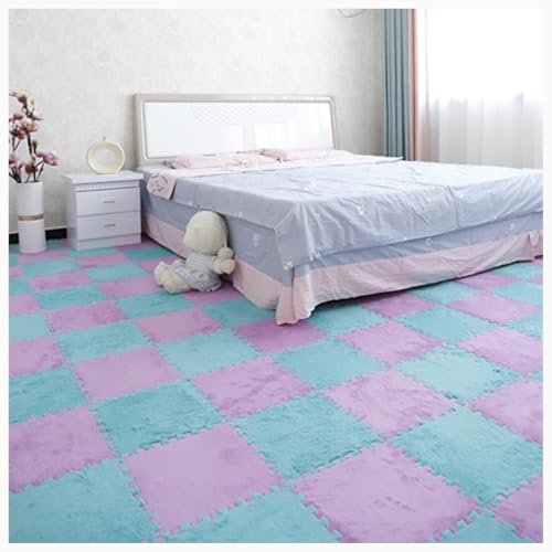 30-teiliges Plüsch-Puzzle, rutschfeste Schaumstoff-Bodenmatte, 12 X 12 Zoll Dick, 0,4 Zoll Zottelige Ineinander Greifende Teppichfliesen Mit Rand(Purple+Lake Blue) von NMVAWIPT