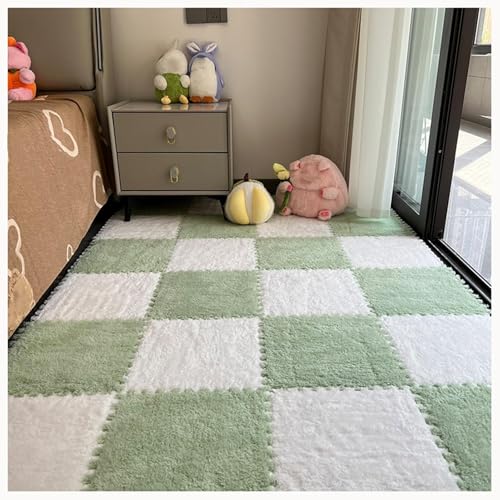 30-teiliges Puzzle-Teppichquadrat-Anti-Rutsch-Bodenmatte, Zottelige Ineinandergreifende Schaumstofffliesen, Plüsch-Puzzlefliesen Aus Eva(White+Green) von NMVAWIPT