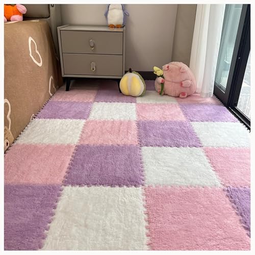30-teiliges Puzzle-Teppichquadrat-Anti-Rutsch-Bodenmatte, Zottelige Ineinandergreifende Schaumstofffliesen, Plüsch-Puzzlefliesen Aus Eva(White+Pink+Purple) von NMVAWIPT