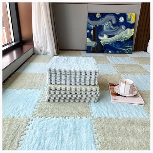 32 Stück Zottelige Ineinander Greifende Teppichfliesen, 30 X 30 X 1 cm, Quadratischer Plüsch-Puzzle-Schaumstoff-Bodenmattenteppich, Flauschige Puzzlematten(Light Blue+Green) von NMVAWIPT