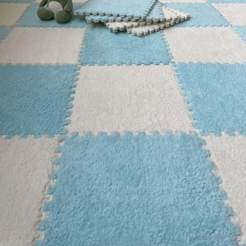 36 Stück Ineinander Greifende Schaumstoff-Teppichfliesen – 12 X 12 X 0,4 Zoll Spielmatte – Quadratische Plüsch-Bodenmatten Mit Rand(Light Blue+White) von NMVAWIPT