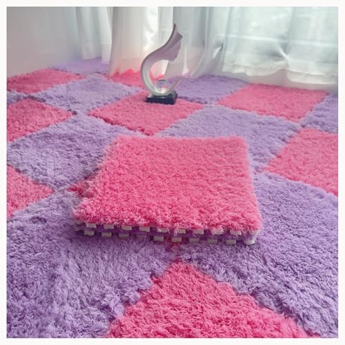 36-teiliger Schaumstoff-Bodenmatten-Teppich, Zottelige Ineinandergreifende Teppichfliesen Mit Rand-Spielmatte, for Das Wohnzimmer-Schlafzimmer Zu Hause(Light Purple+Rose Red) von NMVAWIPT