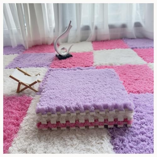 36-teiliger Schaumstoff-Bodenmatten-Teppich, Zottelige Ineinandergreifende Teppichfliesen Mit Rand-Spielmatte, for Das Wohnzimmer-Schlafzimmer Zu Hause(Light Purple+Rose Red+White) von NMVAWIPT