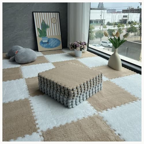 40 Stück Ineinander Greifende Teppichfliesen Aus Plüschschaum, 12 X 12 Zoll Große Puzzle-Bodenmatte Mit Teppichquadraten, Flauschige, rutschfeste(Light Brown+White) von NMVAWIPT