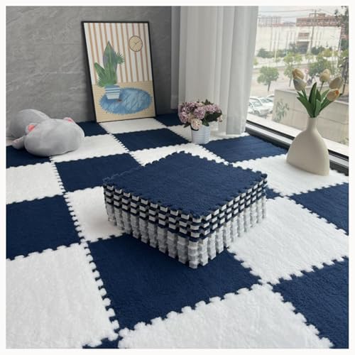 40 Stück Ineinander Greifende Teppichfliesen Aus Plüschschaum, 12 X 12 Zoll Große Puzzle-Bodenmatte Mit Teppichquadraten, Flauschige, rutschfeste(Navy Blue+White) von NMVAWIPT