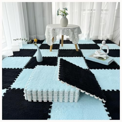 40-teiliger Flauschiger Ineinandergreifender Schaumstoff-Bodenfliesenteppich, Plüsch-Puzzle-Quadrat, Weicher, Rutschfester Puzzle-Teppich(Black+Light Blue) von NMVAWIPT