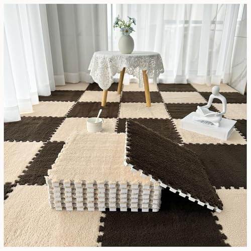 40-teiliger Flauschiger Ineinandergreifender Schaumstoff-Bodenfliesenteppich, Plüsch-Puzzle-Quadrat, Weicher, Rutschfester Puzzle-Teppich(Dark Brown+Light Brown) von NMVAWIPT