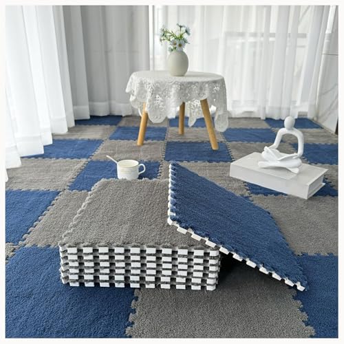 40-teiliger Flauschiger Ineinandergreifender Schaumstoff-Bodenfliesenteppich, Plüsch-Puzzle-Quadrat, Weicher, Rutschfester Puzzle-Teppich(Gray+Navy Blue) von NMVAWIPT