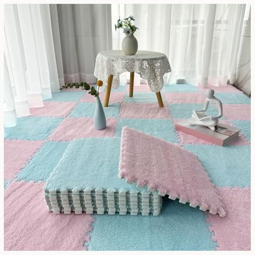40-teiliger Flauschiger Ineinandergreifender Schaumstoff-Bodenfliesenteppich, Plüsch-Puzzle-Quadrat, Weicher, Rutschfester Puzzle-Teppich(Light Blue+Pink) von NMVAWIPT