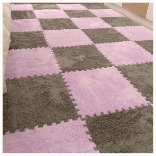 40-teiliges Plüsch-Puzzle, Quadratische Bodenmatten Aus Schaumstoff, Ineinander Greifender Teppich, Flauschiger, Rutschfester Eva-Puzzle-Lauf for Schlafzimmer(Gray+Purple) von NMVAWIPT