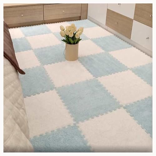 40-teiliges Plüsch-Puzzle, Quadratische Bodenmatten Aus Schaumstoff, Ineinander Greifender Teppich, Flauschiger, Rutschfester Eva-Puzzle-Lauf for Schlafzimmer(Light Blue+White) von NMVAWIPT