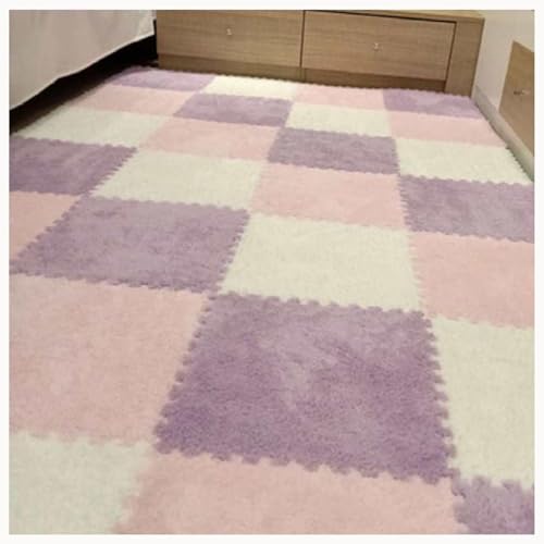 40-teiliges Plüsch-Puzzle, Quadratische Bodenmatten Aus Schaumstoff, Ineinander Greifender Teppich, Flauschiger, Rutschfester Eva-Puzzle-Lauf for Schlafzimmer(Pink+White+Purple) von NMVAWIPT
