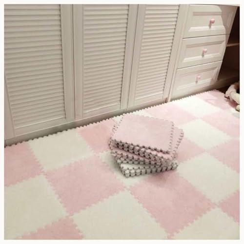 40-teiliges Plüsch-Puzzle, Quadratische Bodenmatten Aus Schaumstoff, Ineinander Greifender Teppich, Flauschiger, Rutschfester Eva-Puzzle-Lauf for Schlafzimmer(White+Pink) von NMVAWIPT