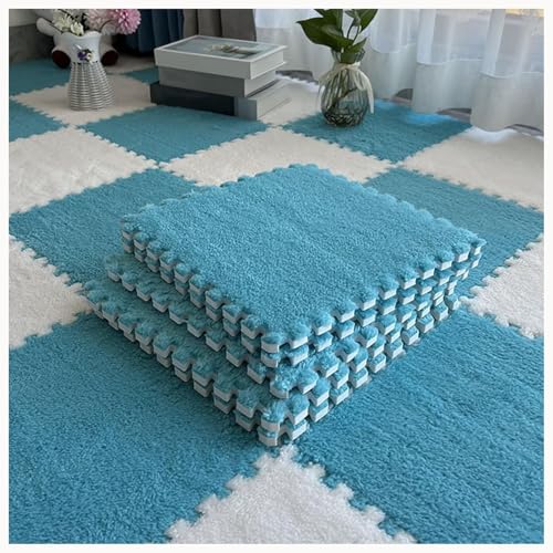 42 Stück Dicke 0,4-Zoll-Plüschschaum-Bodenmatten, Ineinandergreifende rutschfeste Teppichfliesen, Flauschige Teppich-Puzzlematten(Dark Blue+White) von NMVAWIPT
