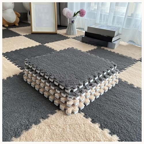 42 Stück Dicke 0,4-Zoll-Plüschschaum-Bodenmatten, Ineinandergreifende rutschfeste Teppichfliesen, Flauschige Teppich-Puzzlematten(Gray+Light Brown) von NMVAWIPT