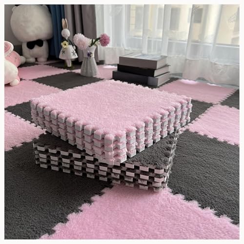 42 Stück Dicke 0,4-Zoll-Plüschschaum-Bodenmatten, Ineinandergreifende rutschfeste Teppichfliesen, Flauschige Teppich-Puzzlematten(Pink+Gray) von NMVAWIPT