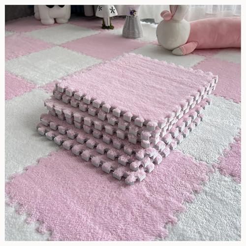 42 Stück Dicke 0,4-Zoll-Plüschschaum-Bodenmatten, Ineinandergreifende rutschfeste Teppichfliesen, Flauschige Teppich-Puzzlematten(Pink+White) von NMVAWIPT