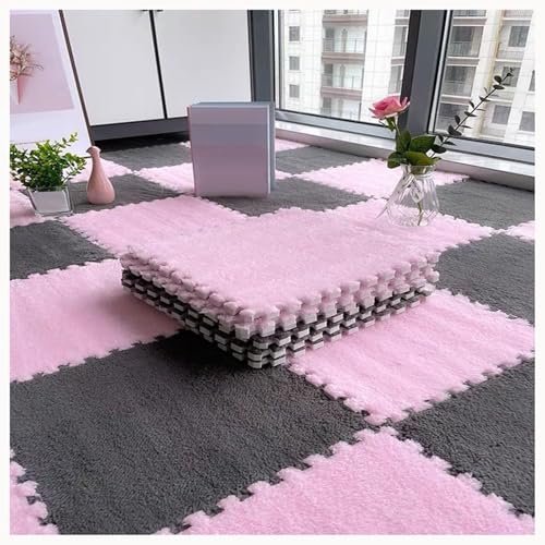 42-teilige Bodenmatte Aus Plüschschaum for Wohnzimmer, Schlafzimmer, 30 X 30 X 1 cm Dick, Quadratisch, Ineinander Greifende Teppichfliesen Aus Eva-Schaum(Gray+Pink) von NMVAWIPT