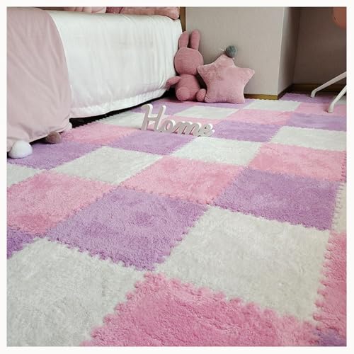 48 Stück 12x12 Zoll Ineinandergreifende Plüsch-Teppichfliesen Aus Schaumstoff, Puzzle-Bodenmatten for Die Dekoration Von Wohnzimmer Und Schlafzimmer(White+Pink+Purple) von NMVAWIPT