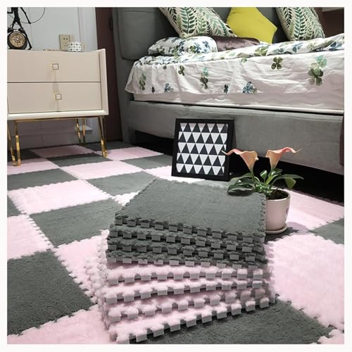50 Stück – 12 X 12 Zoll Weiche Bodenmatte Aus Plüsch-Puzzleschaum, rutschfeste Ineinander Greifende Teppichfliesen, Spielmatte for Flächenteppiche(Gray+Pink) von NMVAWIPT