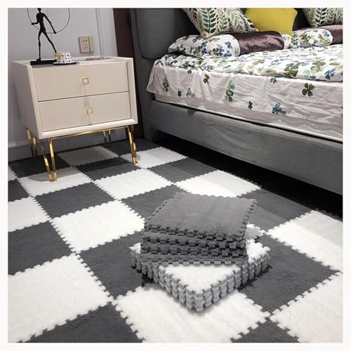 50 Stück – 12 X 12 Zoll Weiche Bodenmatte Aus Plüsch-Puzzleschaum, rutschfeste Ineinander Greifende Teppichfliesen, Spielmatte for Flächenteppiche(Gray+White) von NMVAWIPT
