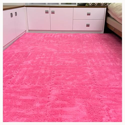 50 Stück Dicke, Ineinander Greifende Schaumstoff-Teppichfliesen for Spielzimmer Und Wohnzimmer, Zottelige Puzzlematten for Den Boden, Flauschige Quadratische Matte(Rose Red) von NMVAWIPT
