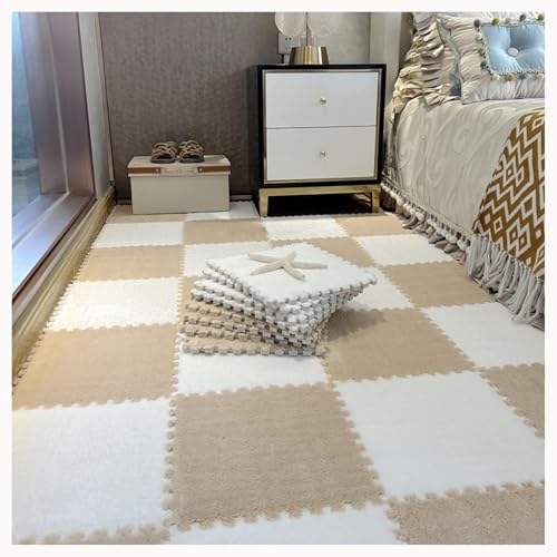 50 Stück Flauschige Eva-Spielmatte, rutschfest, Waschbar for Schutz des Bodens, Ineinander Greifende Teppichfliesen Mit Rand(Light Brown+White) von NMVAWIPT