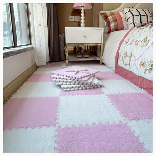50 Stück Flauschige Eva-Spielmatte, rutschfest, Waschbar for Schutz des Bodens, Ineinander Greifende Teppichfliesen Mit Rand(Pink+White) von NMVAWIPT