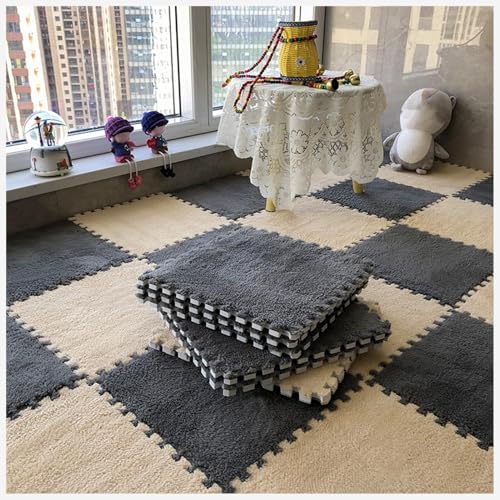 50 Stück Ineinander Greifende Teppichfliesen Mit Rand, Puzzle-Teppich, Flauschiger Plüsch, rutschfeste Quadratische Schaumstoff-Bodenmatte, Flauschige Fliesen(Apricot+Gray) von NMVAWIPT