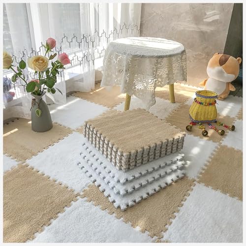 50 Stück Ineinander Greifende Teppichfliesen Mit Rand, Puzzle-Teppich, Flauschiger Plüsch, rutschfeste Quadratische Schaumstoff-Bodenmatte, Flauschige Fliesen(Apricot+White) von NMVAWIPT