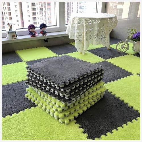 50 Stück Ineinander Greifende Teppichfliesen Mit Rand, Puzzle-Teppich, Flauschiger Plüsch, rutschfeste Quadratische Schaumstoff-Bodenmatte, Flauschige Fliesen(Gray+Grass Green) von NMVAWIPT