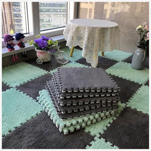 50 Stück Ineinander Greifende Teppichfliesen Mit Rand, Puzzle-Teppich, Flauschiger Plüsch, rutschfeste Quadratische Schaumstoff-Bodenmatte, Flauschige Fliesen(Gray+Green) von NMVAWIPT