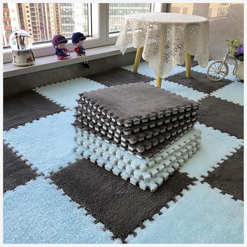 50 Stück Ineinander Greifende Teppichfliesen Mit Rand, Puzzle-Teppich, Flauschiger Plüsch, rutschfeste Quadratische Schaumstoff-Bodenmatte, Flauschige Fliesen(Gray+Sky Blue) von NMVAWIPT